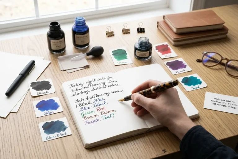 Fountain pen ink color swatches in black, blue, green, red, purple and teal