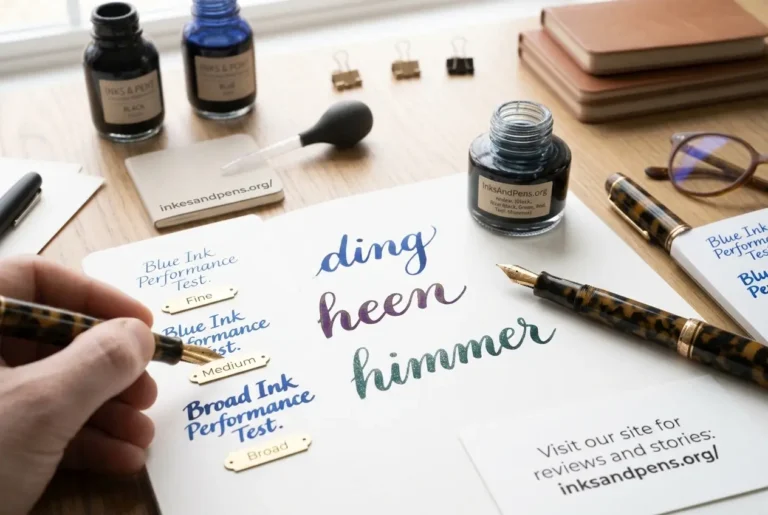 Fountain pen ink samples showing different nib sizes and paper types