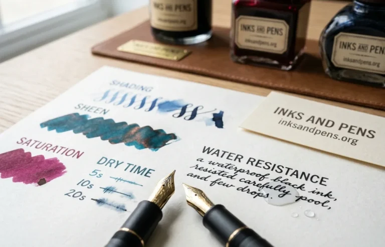Fountain pen ink showing shading sheening drying and water resistance