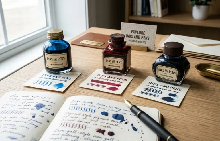 Different types of fountain pen ink in glass bottles