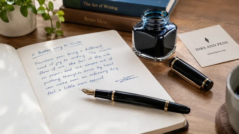 Fountain pen with notebook and ink bottle