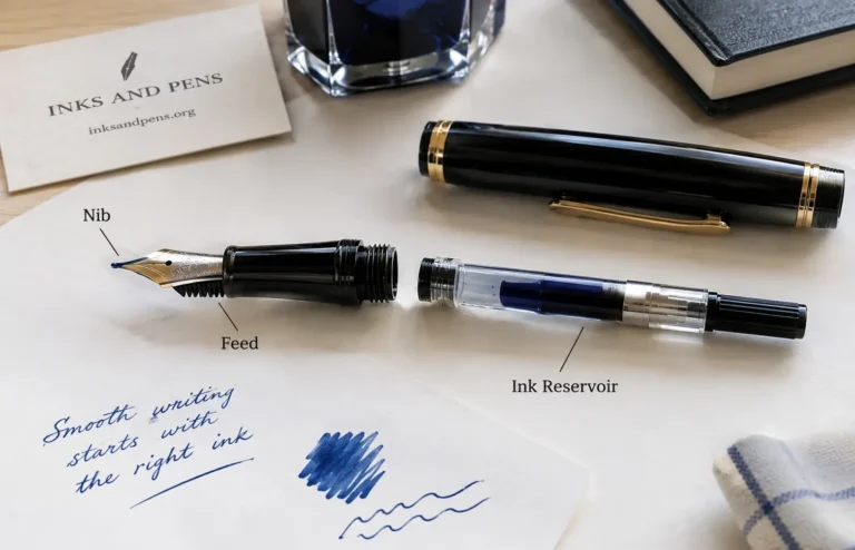 How a fountain pen works with nib feed and ink reservoir