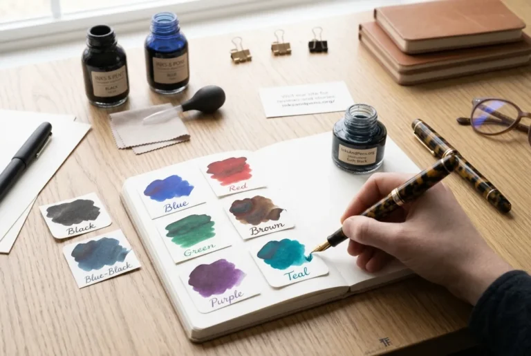 Popular fountain pen ink colors including blue, black, green, red, brown, purple and teal