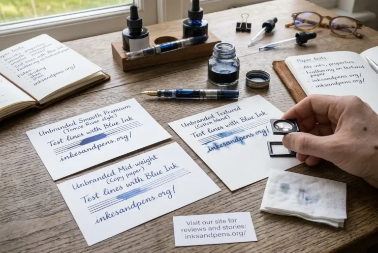 Testing fountain pen ink on different paper samples
