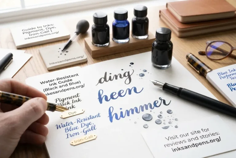 Different fountain pen ink types with ink bottles and writing samples