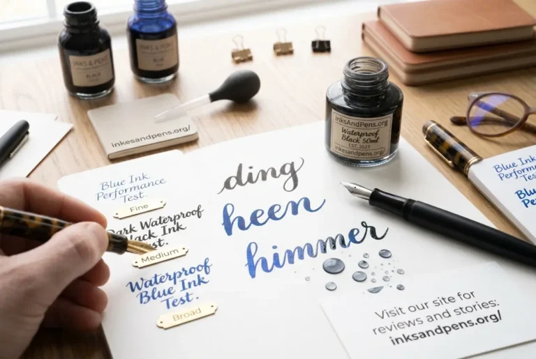 Fountain pen with waterproof ink and handwritten samples on white paper