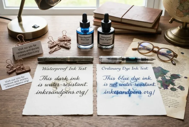 Comparison of water-resistant and regular fountain pen ink on writing paper