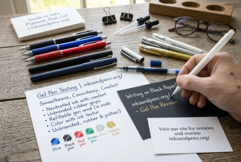 Retractable refillable and specialty gel pens arranged on a desk